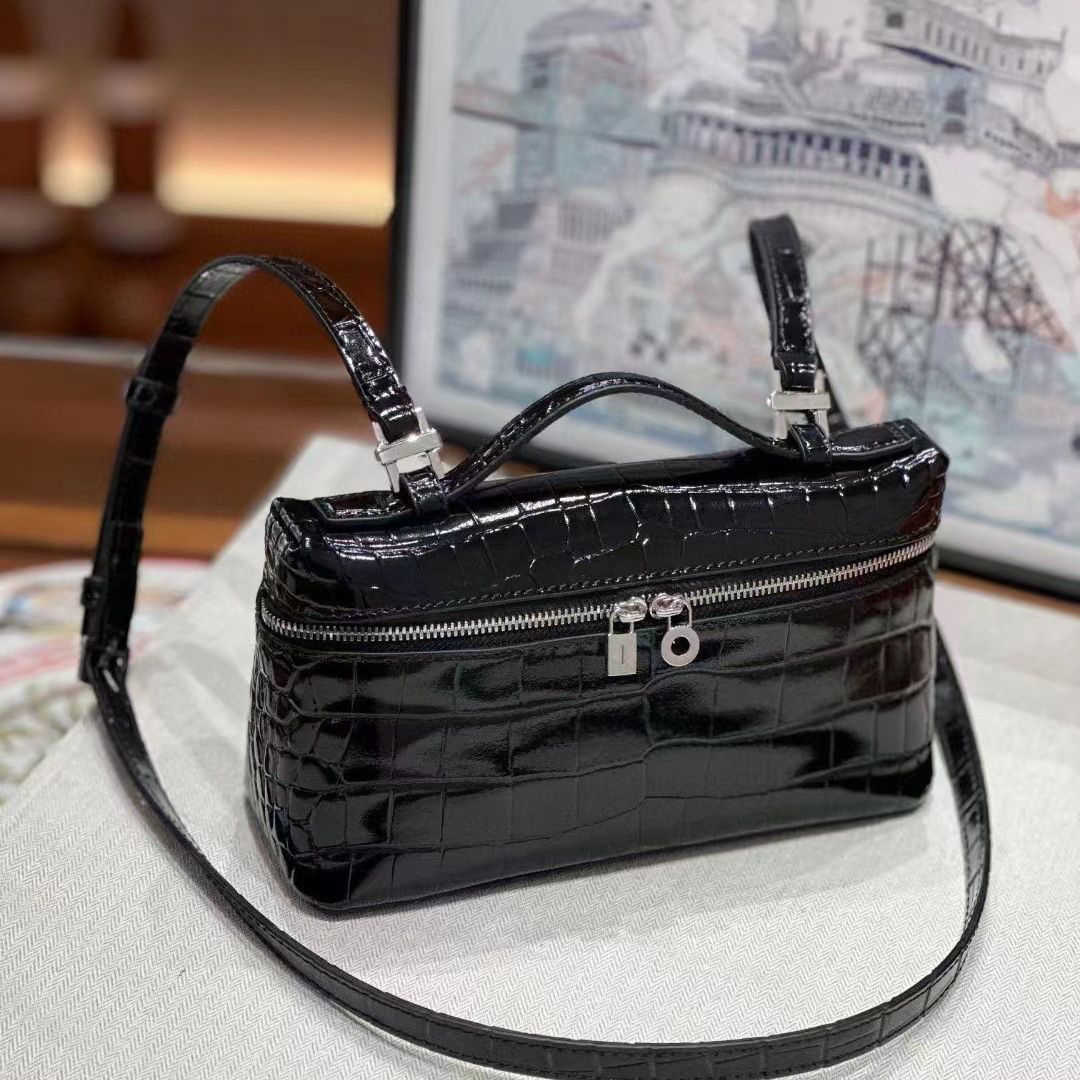 

bag loro piana LOROPIANA Bag LP19 Lunch Box Bag Fashion Genuine Leather One Shoulder Crossbody Makeup Bag Headpiece Layer Cowhide Handheld Bag, Black lychee pattern (without label)