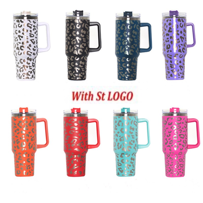 

40oz Leopard Stainless Steel Tumbler with Logo Handle Lid Straw Big Capacity Beer Mug Water Bottle Outdoor Camping Cup Vacuum Insulated Drinking ss0308, Pink
