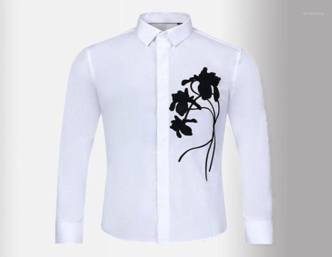 

Men039s Casual Shirts White Mens Luxury Long Sleeve Rose Embroidery Male Fashion Slim Fit Party Club Man 3XL5206852