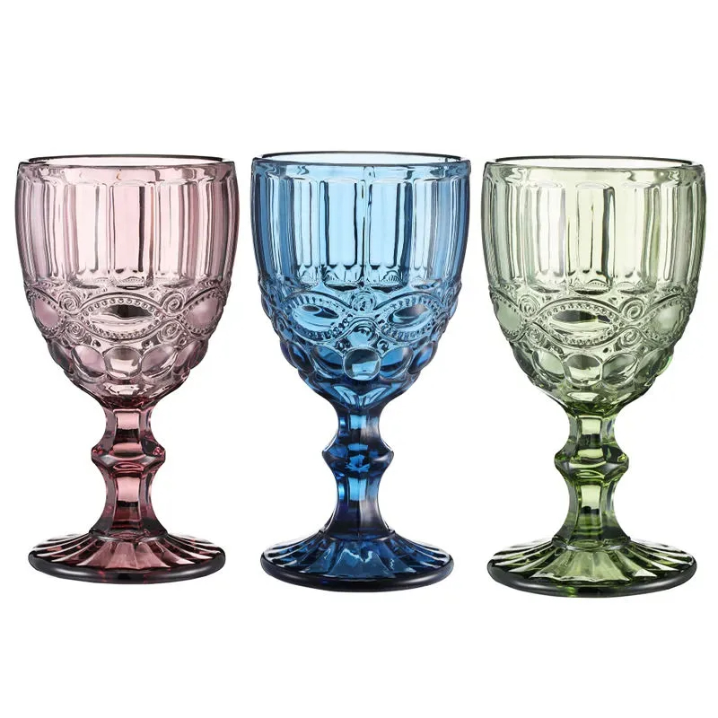 

48 pieces / carton European Style Embossed Wine Glass Stained Glass Beer Goblet Vintage Wine Glasses Household Juice Drinking Cup Thickened FY5509