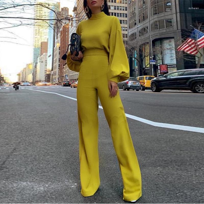 

Women' Jumpsuits Women Wide Leg Long Sleeve 2023 Elegant Office Lady Workwear Casual High Neck Lantern Overall Quality, Yellow