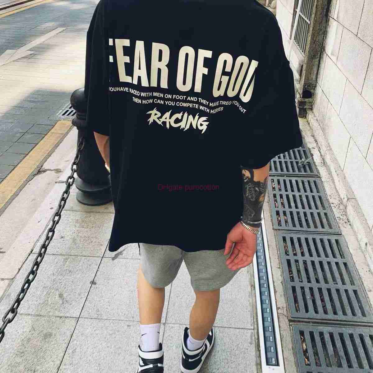 

Designer Fashion Clothing ESS Tees Tshirts Fears Of God Essen FOG Season 7 Main Line Co Branded Racing Letter Printing Short Sleeve Mens Womens Summer High Street Loos, Black