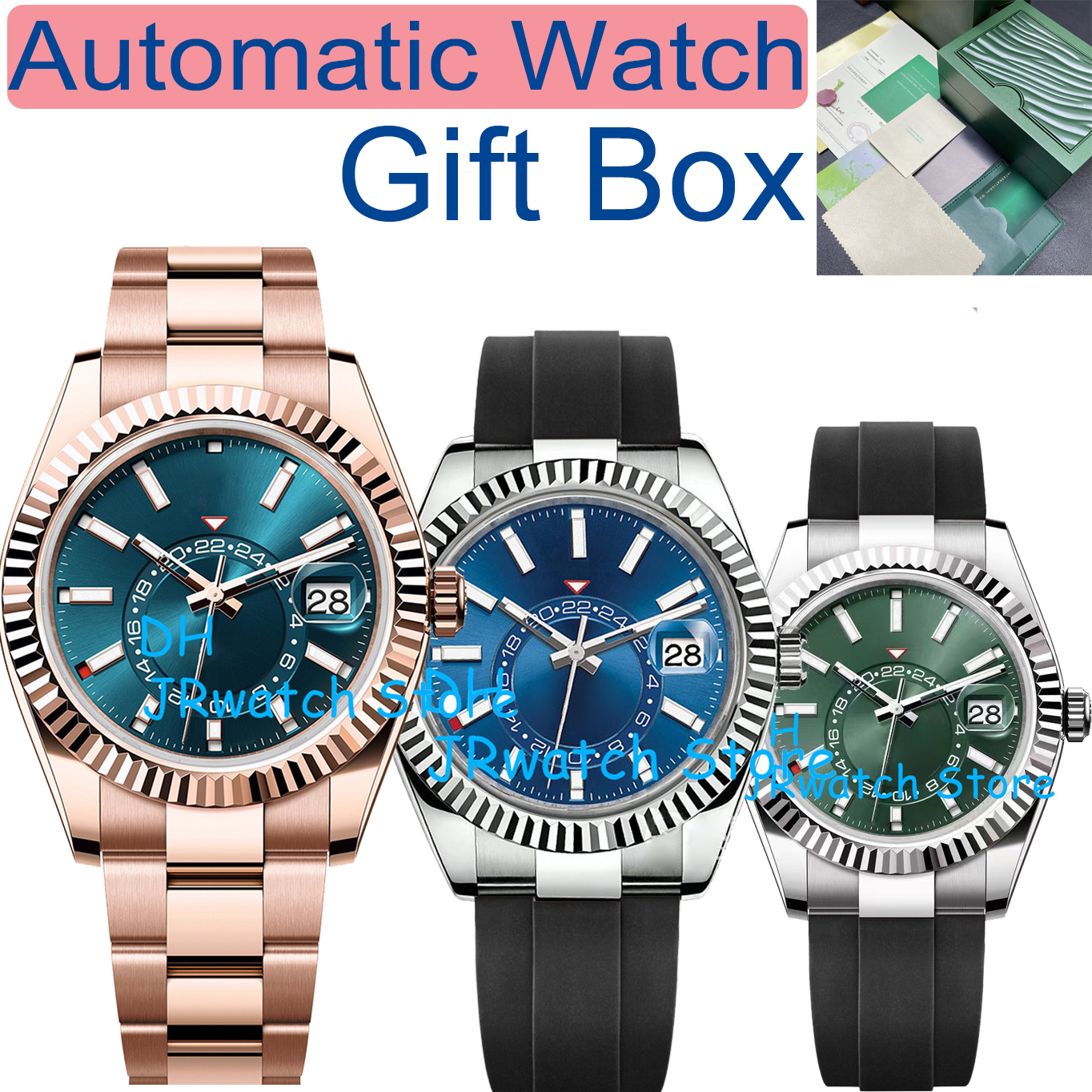 

Top Luxury Men s Sports Watch SKY Dweller 2813 Automatic Mechanical Motion Watch GMT Stainless Steel Diving Waterproof Luminous Sapphire Watch Glow Luxury Gift box, As shown