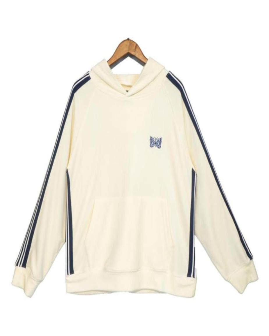 

AWGE Needles Hoodies Men Women Butterfly Embroidery Striped Sweatshirts Brushed Fabric Pullovers2118939, Black