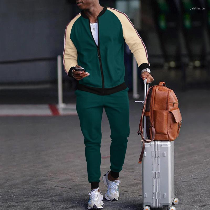 

Men's Tracksuits Spring Casual Men Suit 2023 Fashion Long Sleeve Zip Shirt Coat Tracksuit Man Stitch Color Pant Two Piece Set Outfits, 04 dark green