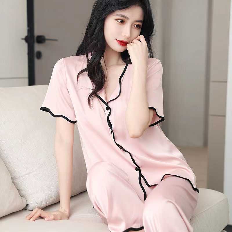 

Elrl Mji2 B938 Women's Two Piece Pants Women's Pajamas Sets Woman Pajama Party Summer v Neck Design Suit Long Sleeve Trousers Set Home Clothes Sexy Satin Silk Pijamas