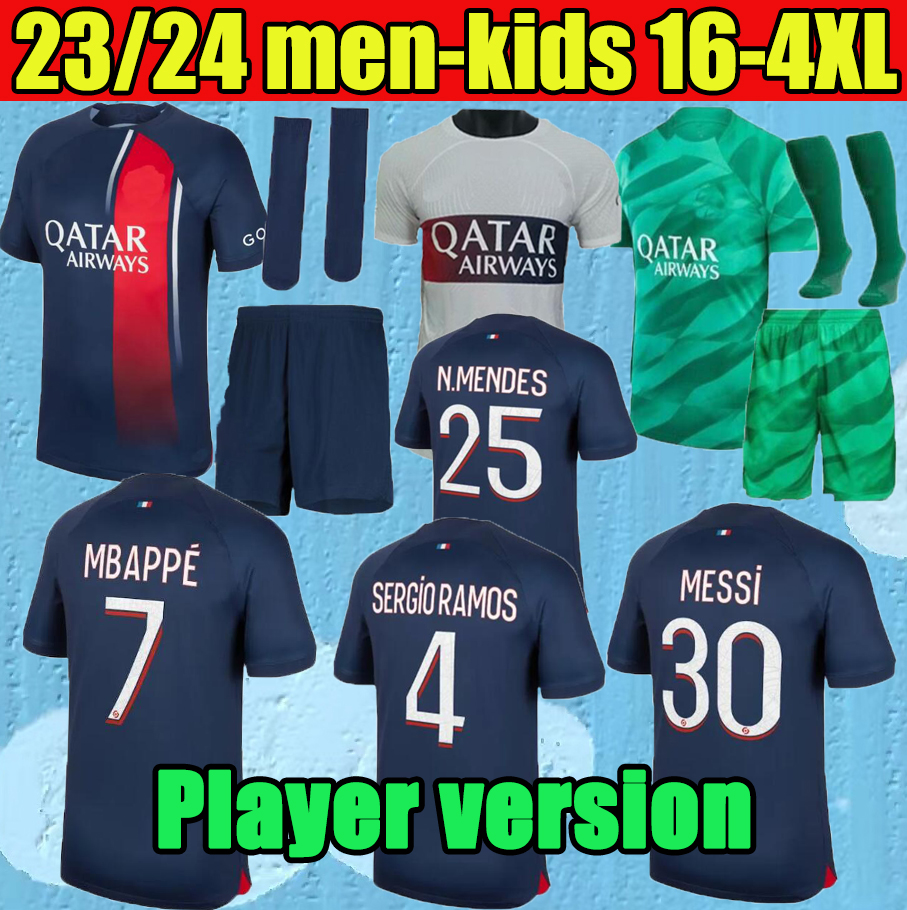 

23 24 PsGs MBAPPE soccer jerseys 2023 2024 WIJNALDUM SERGIO RAMOS HAKIMI fourth Maillots de football VERRATTI 4TH shirt Men kids Full Kits fans player long sleeve