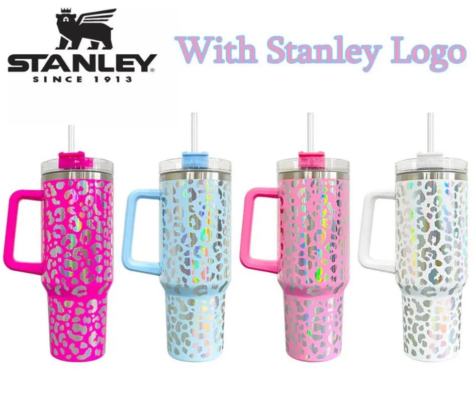 

With Stan-ley Logo leopard Quencher Coffee Mug Cup with Lid and Straw outdoor camping cup shinny leopard 40oz stainless steel mugs NEW, Multi-color