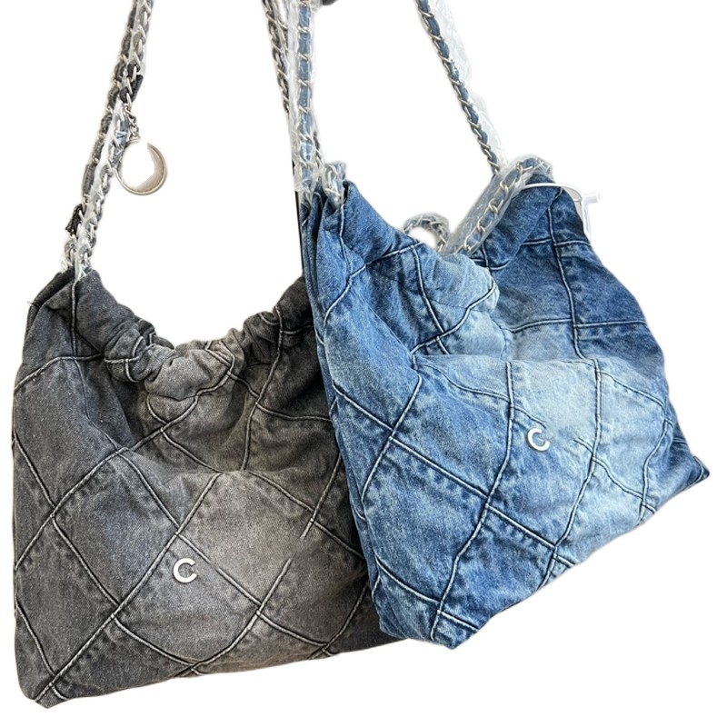 

Channel 22 Blue Denim Composite Bags Designer Purses Distressed Casual Tote For Woman Quilted wallet Weekend Handbags 36CM, Black-denim
