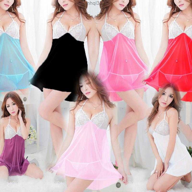 

0epc Camisoles & Tanks Sexy Women Lingerie T-back Set See-through Nightgown Lace Low-cut Sleepwear Dress Nightdress for Lady, Rd