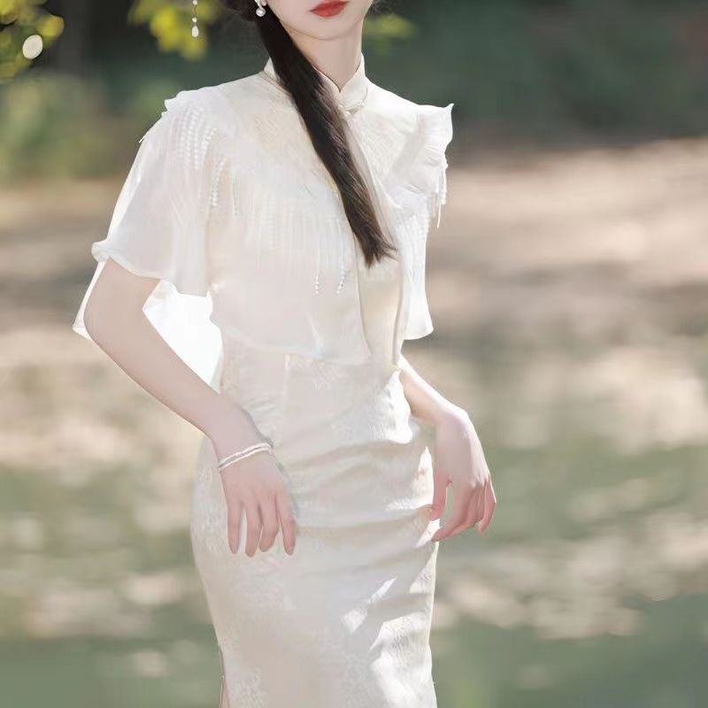 

Improved Qipao 2023 New High end Style Lace Fairy Girl Youth Shawl Set Vintage Elegant Summer, Gold