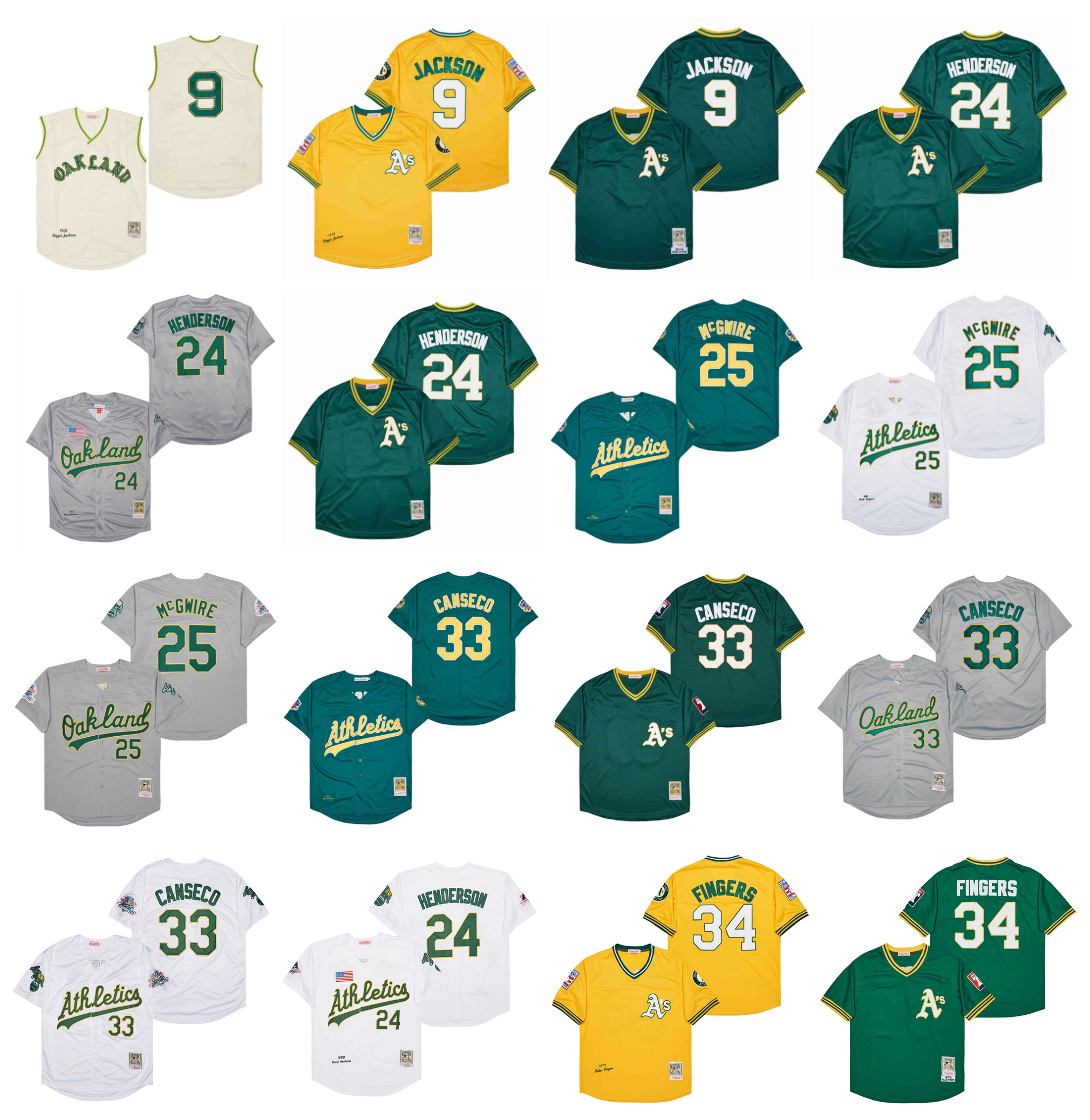 

Mitchell and Ness Throwback Athletics Rickey Henderson Baseball Jersey Oakland Catfish Hunter Reggie Jackson Mark 25 McGwire Jose Canseco Rollie Fingers Size S-4XL, As pic