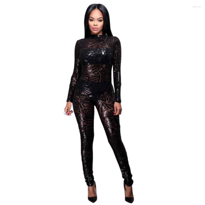 

Women' Jumpsuits Arrival 2023 Autumn Women Black Sequined Jumpsuit Mesh See Through Bodysuit Fashion Long Sleeve Sexy And Rompers, Sequin jumpsuit