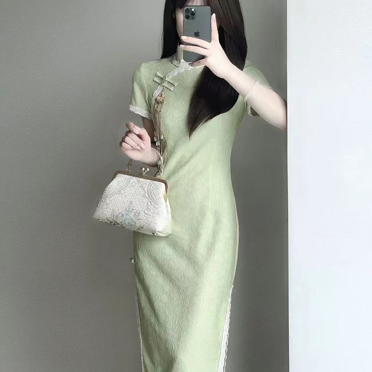 

New and Improved Spring/Summer Young Women's Small Fresh Dress with Chinese Style New Chinese Style Qipao, Green