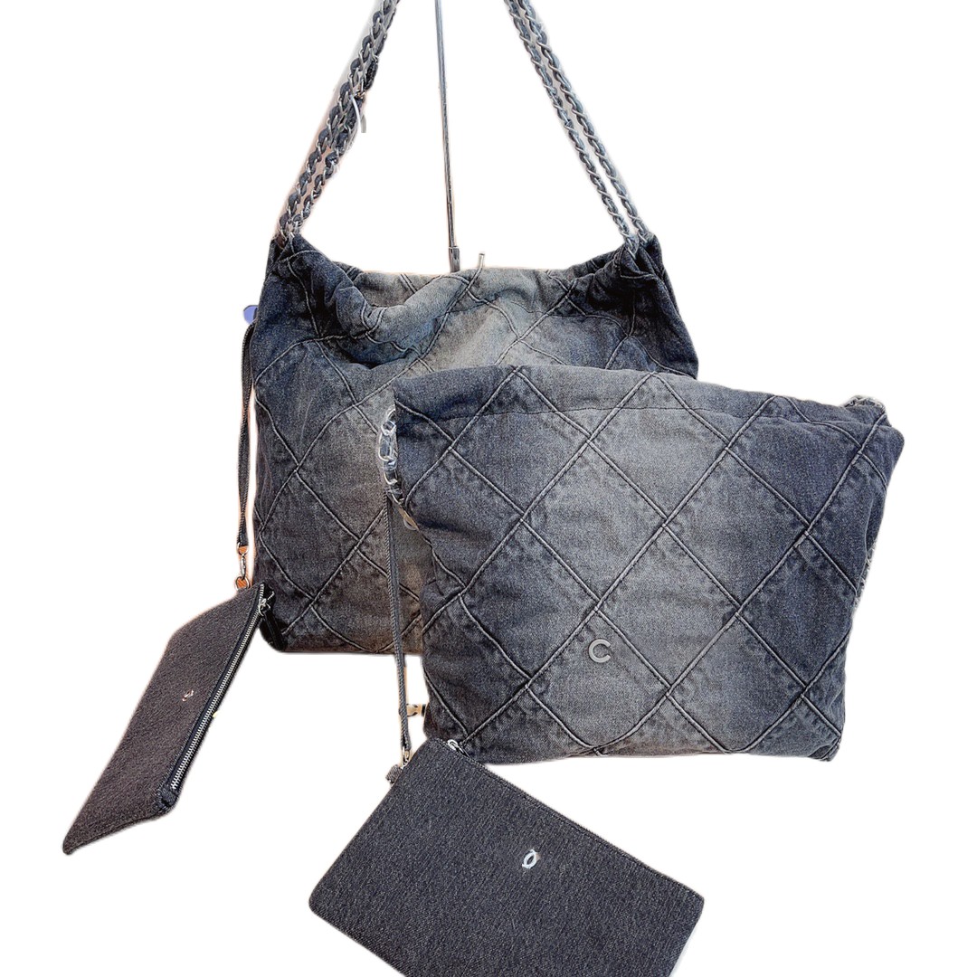 

CC 22 Black Denim Distressed Composite Bags Designer Purses Casual Tote For Woman Quilted wallet Weekend Handbags 36CM