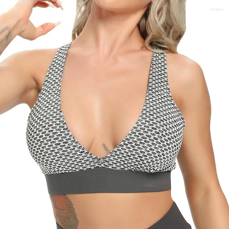 

Women' T Shirts FITTOO Women Fitness Bras Sexy V-neck Crop Top For Breathable Quick Dry Running Gym Bra Shockproof Push Up Female Tops, Grey with white