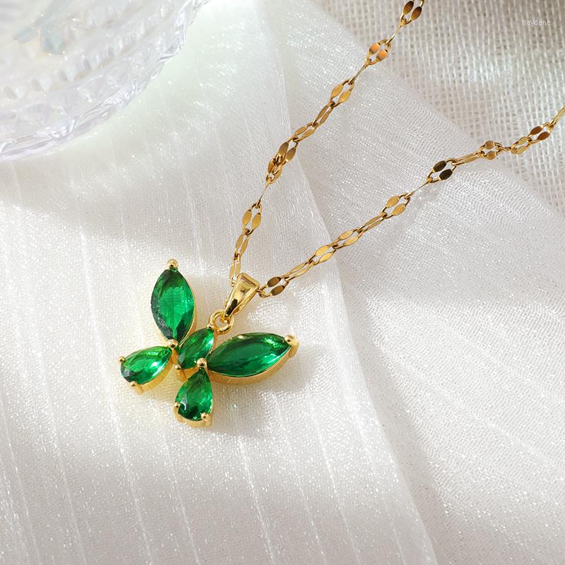 

Pendant Necklaces Imitation Emerald Green Zircon Necklace Butterfly Stainless Steel Clavicle Chain Wedding Engagement Gift