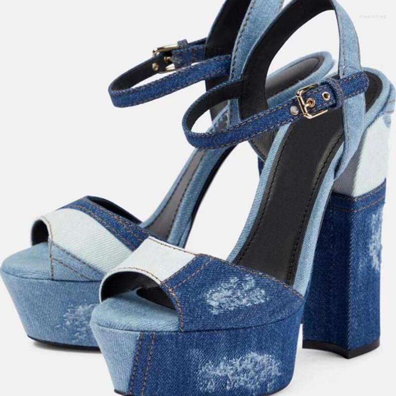

Sandals Blue Denim Patchwork Chunky Heel Open Toe Ankle Strap High Platform Square Heels Women Summer Dress Shoes Size 43, Sky blue