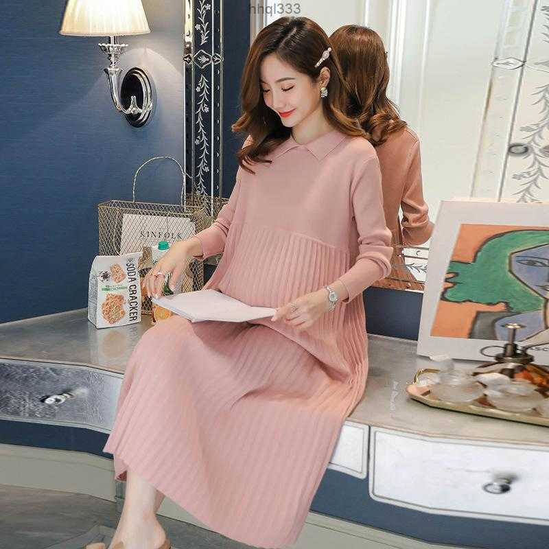

T051 3irn Maternity Dresses Autumn Winter Fashion Pregnant Mother Dress Women High Waist Loose Pregnancy Clothes for Knit Sweater1, Pink