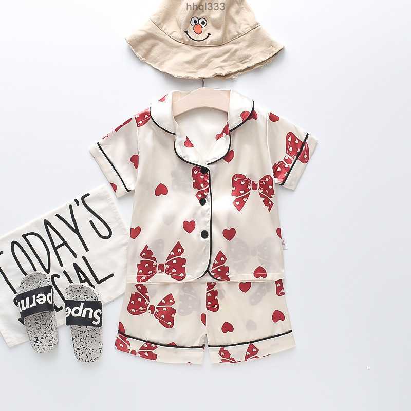 

5m77 Blet Pajamas Kids Pajamas Set Silk Pajamas Boys Girls Cartoon Print Pyjamas Short Sleeve Blouse Tops Shorts Underwear Children Sleepwear Suit 230509, Stars beige