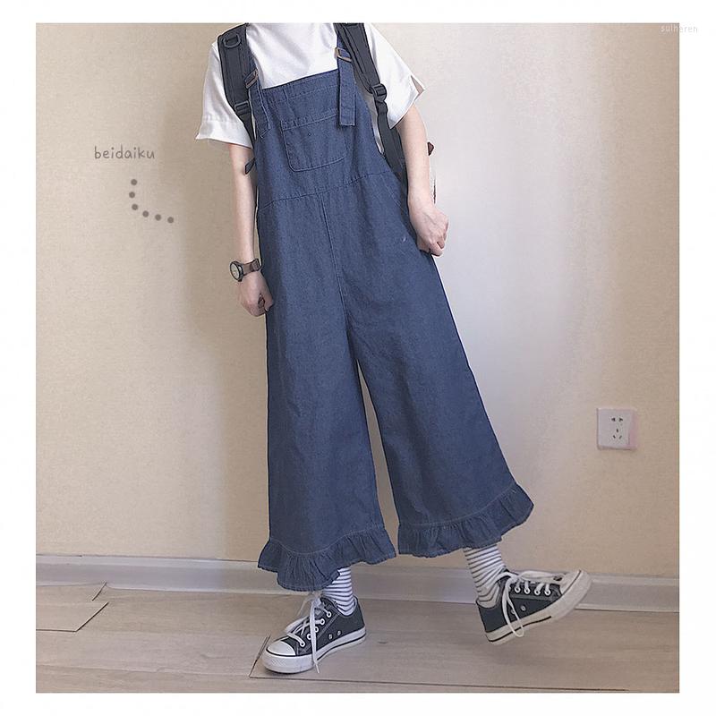 

Women's Jumpsuits Korean Style Women Casual Ruffles Denim Romper Vintage Suspender Bib Overall 2023 Spring Loose Wide Legs, Blue