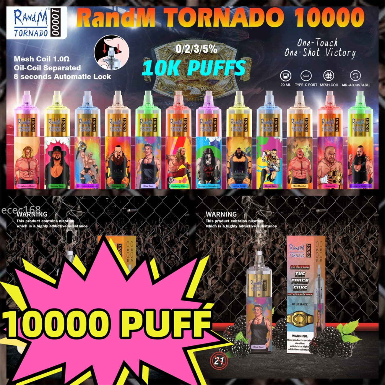 

puff 10000 randm tornado 10000 disposable vape e cigarette airflow control device 6 colors rgb light 0% 2% 3% 5% optional ouff 10K puffs vapes pen 24 flavors wholesale