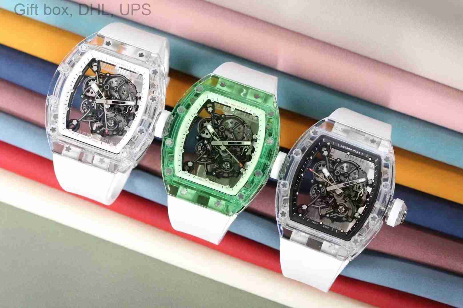 

RM0055 SUPERCLONE Flywheel Luxury Movement Watch Wine Barrel Leisure Business rm055 Fully Automatic Crystal Case White Glue Band Men Swiss Wristwatch, Black