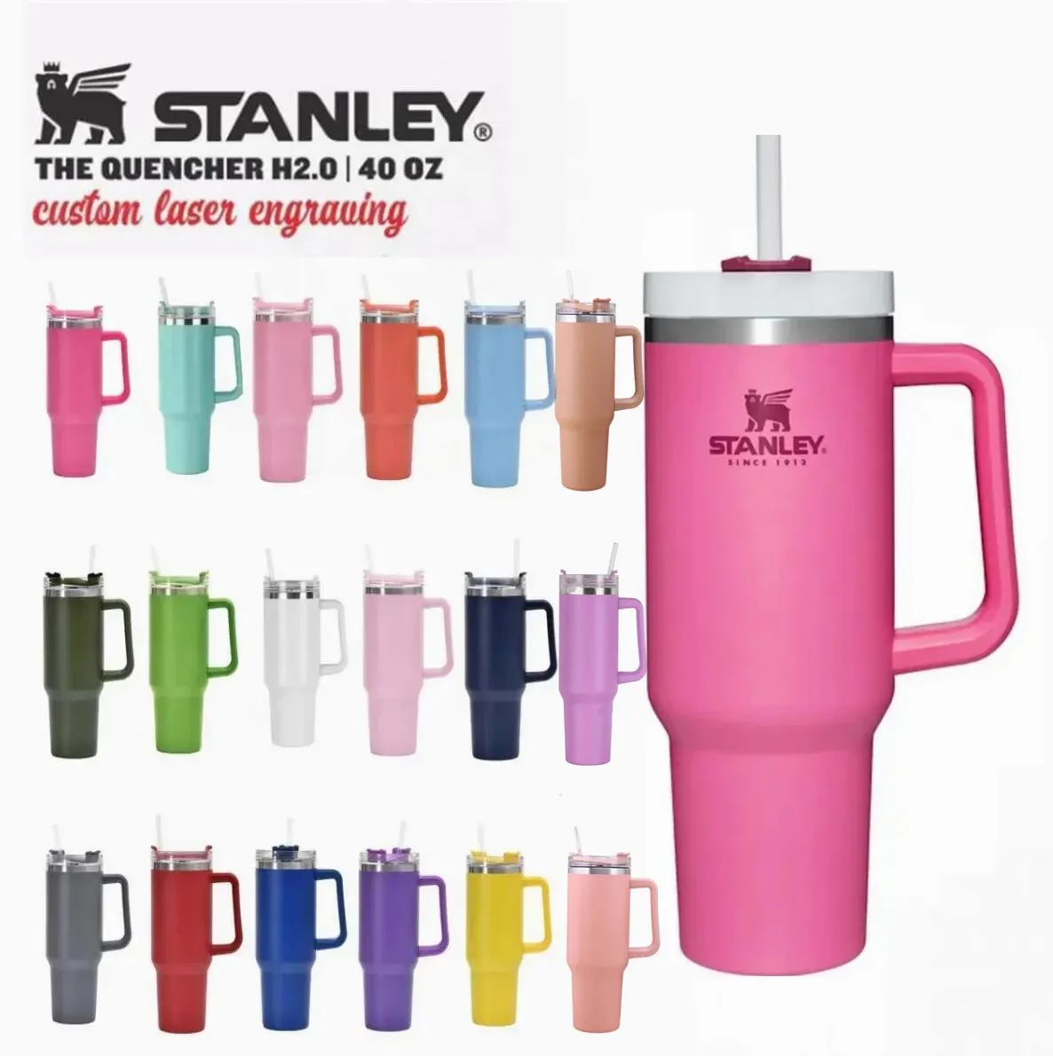 

Stanley 40oz stainless steel tumblers with handle lid and straws big capacity Car Travel mugs outdoor camping cup vacuum insulated water bottles with Logo hh0518, Pink
