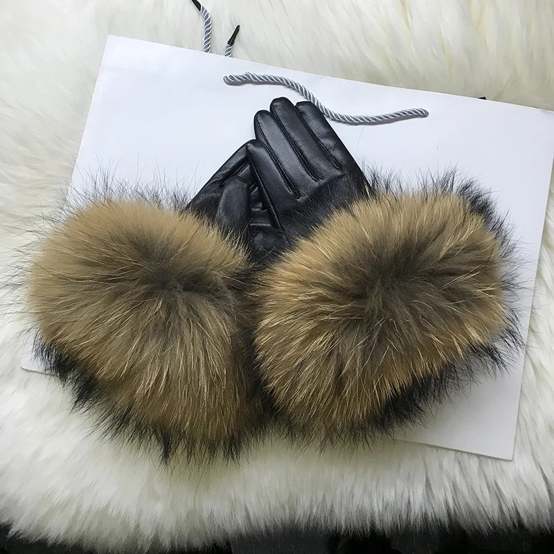 Fingerless Gloves Real Raccoon Fur Gloves Women's Genuine Leather Gloves Fox Fur Big Raccoon Fur Sheepskin Gloves Female Winter Velvet Warm Tou
