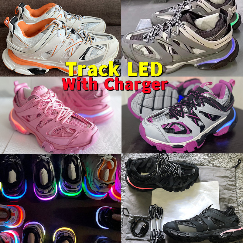 Designer Hommes Femmes Pistes LED 3.0 Chaussure Casual Light Track 3 Baskets éclairées Gomma Cuir Entraîneur Nylon Plateforme Imprimée Lumière Ma