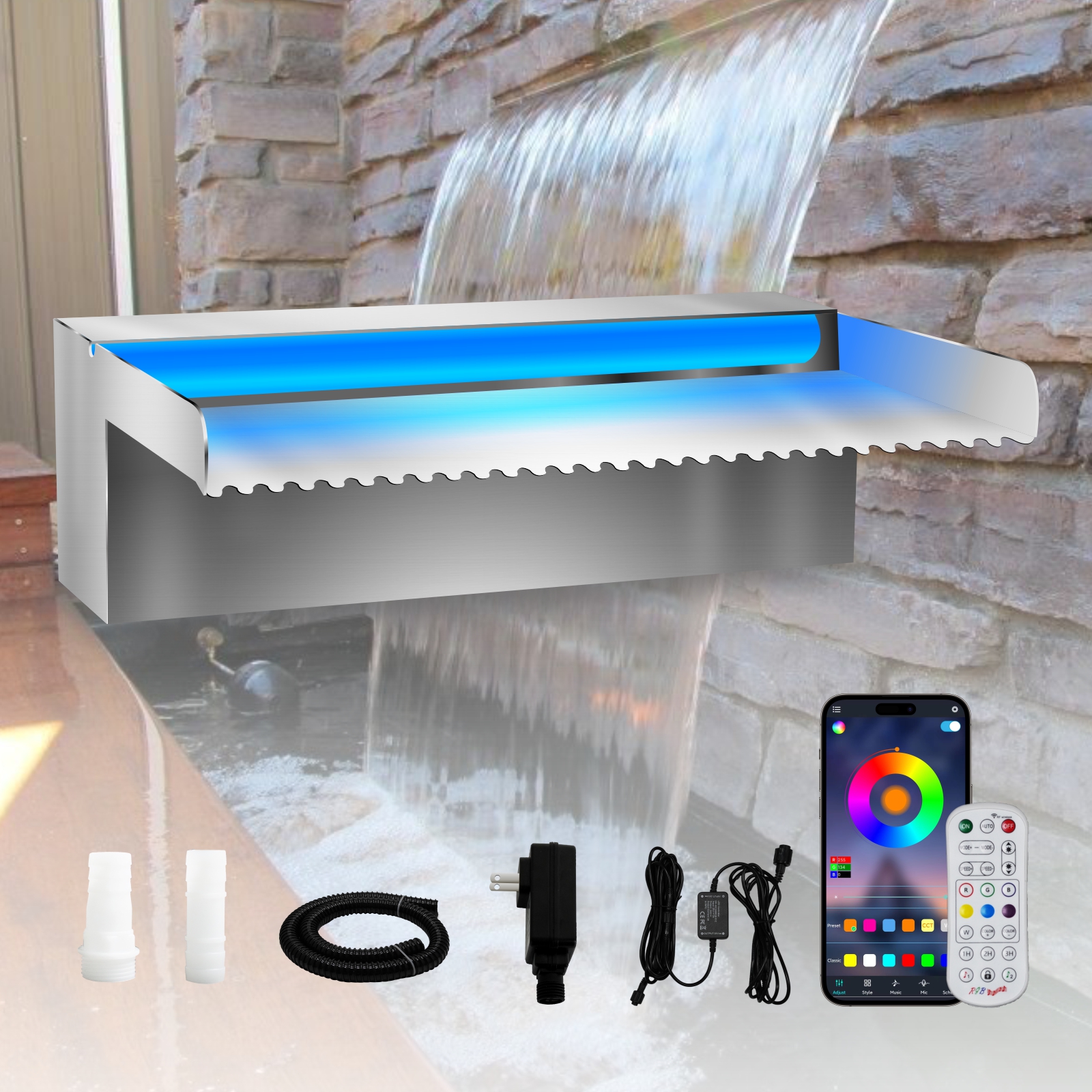 Stainless Steel Pond Spillway Waterfall Pool Fountain APP Controlled Colorful LED Light Water Feature Outdoor Garden Fountains Waterfalls Blade K-image-919458317