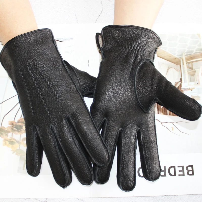 Fingerless Gloves deerskin gloves men's leather outer stitched striped retro motorcycle riding driving autumn and winter wool knitted lining 23