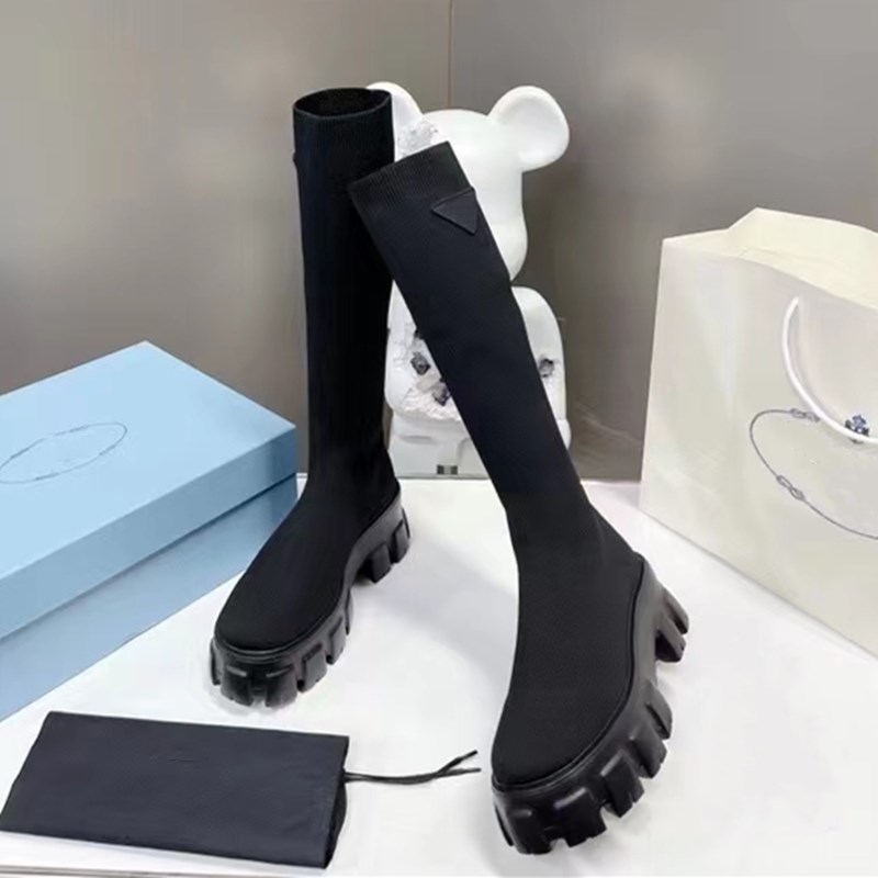 New Cuff Rib Socks Low Heel High Boots Stretch Knit Black Leather Biker Over the Knee Boots Women`s Luxury Designer Shoes Factory Shoes withbox