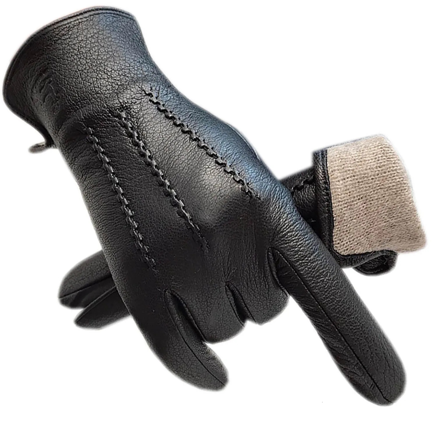 Fingerless Gloves Winter Men's Deerskin Gloves Wrist Fashion Genuine Deerskin Gloves Wool Lining Machine Sewing Warm Driving Riding Col 231201