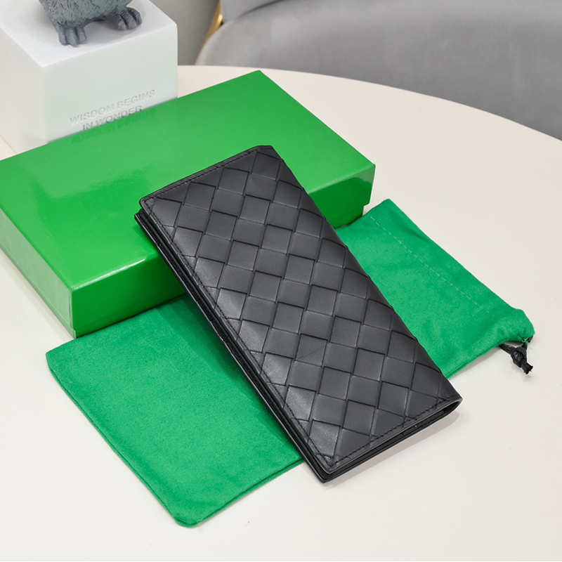 Luxury Design Women's Fashion Leather Woven Long Fold Wallet Multi Card Slot Men's Simple Portable Business Credit Card Clip Unisex Bla-image-949908883