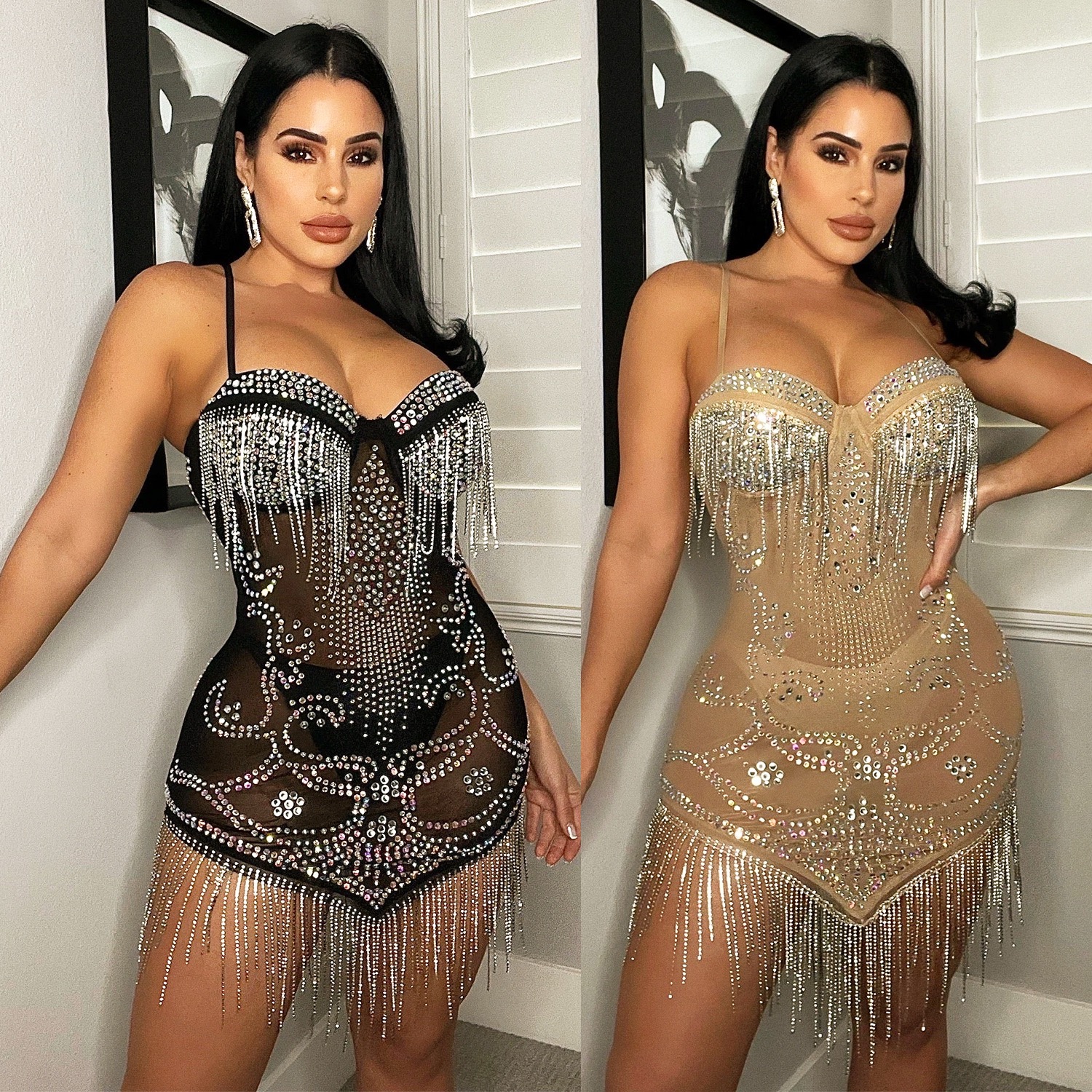 Sexy Short Prom Dresses Black Girl strap Plunging Neckline Long tassels sequined cystals Beaded Evening Dress Cocktail Mini Special Occasion Gown-image-926328747