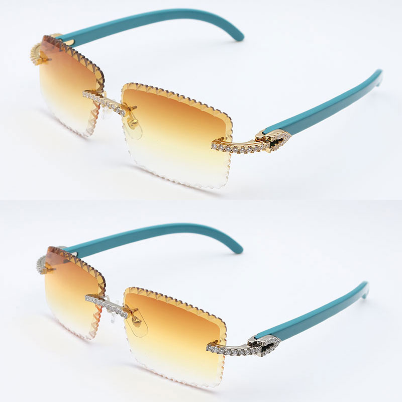 Luxury Moissanite Diamond Set Rimless Blue Wooden Sunglasses 8200757 Men Big Stones Diamond Original Wood Glasses Blue Women Designer Diamond cut-image-926319821
