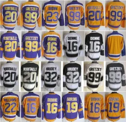 Men Retro Ice Hockey Vintage 32  Hrudey Jersey 23 Dustin Brown 99 Wayne Gretzky 20 Luc Robitaille 19 Butch Goring Black Yellow Purple W