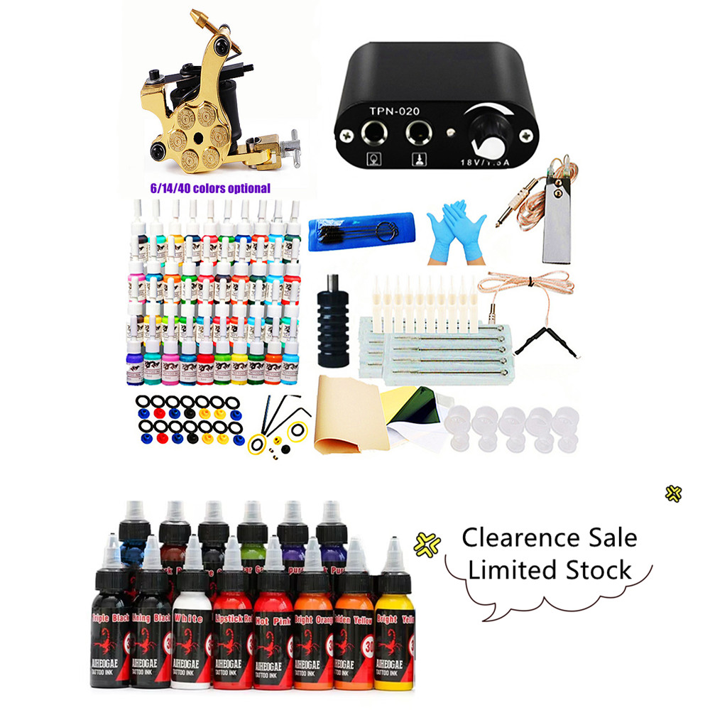 Kit de tatouage, ensemble d'encres de couleurs, aiguilles jetables, nouvelle alimentation, mitrailleuse, Kits professionnels, accessoires