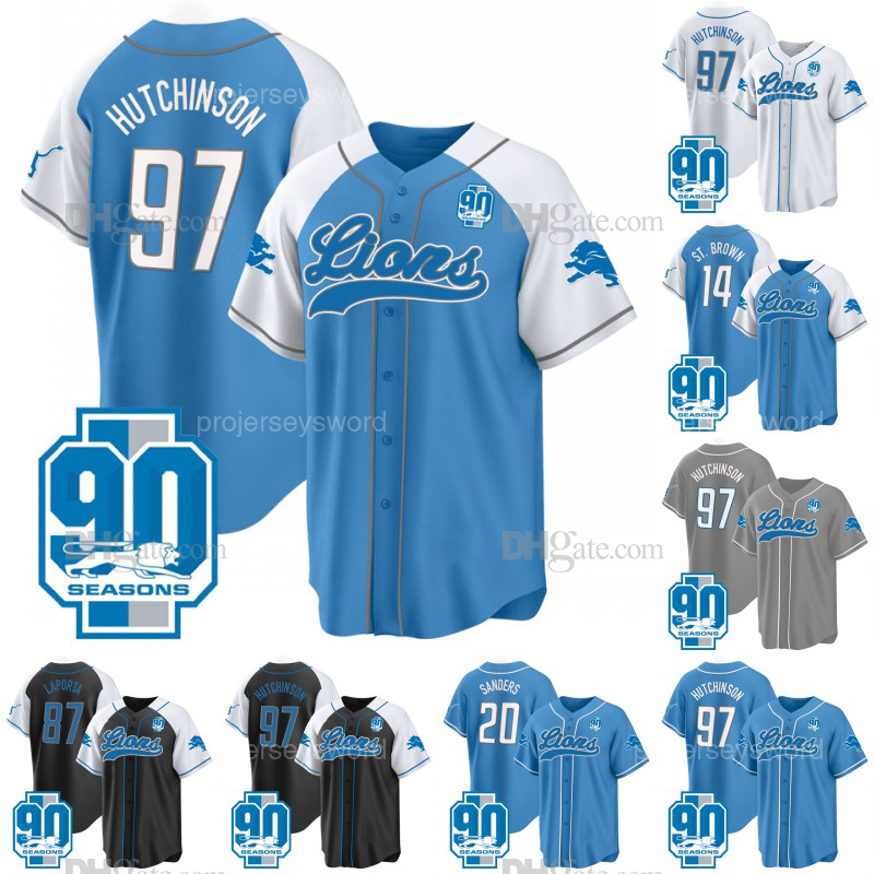 Lions Baseball Jerseys Hutchinson 90th Year Patch Jared Goff St. Brown David Montgomery Barry Sanders Sam Laporta Jahmyr Gibbs Jameson Williams M