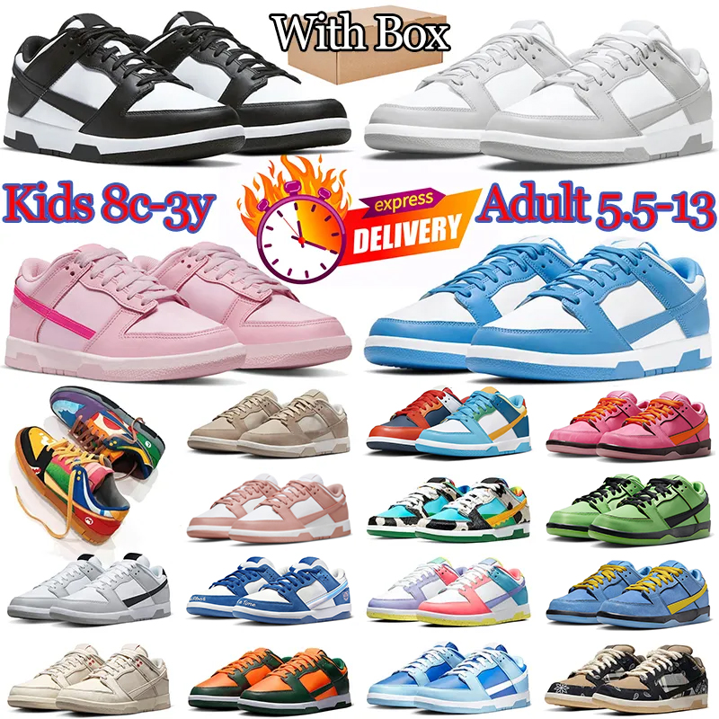 With Box panda pink running shoes mens trainers kids womens designer low shoes UNC grey fog rose whisper syracuse olive GAI women men outdoor sports
