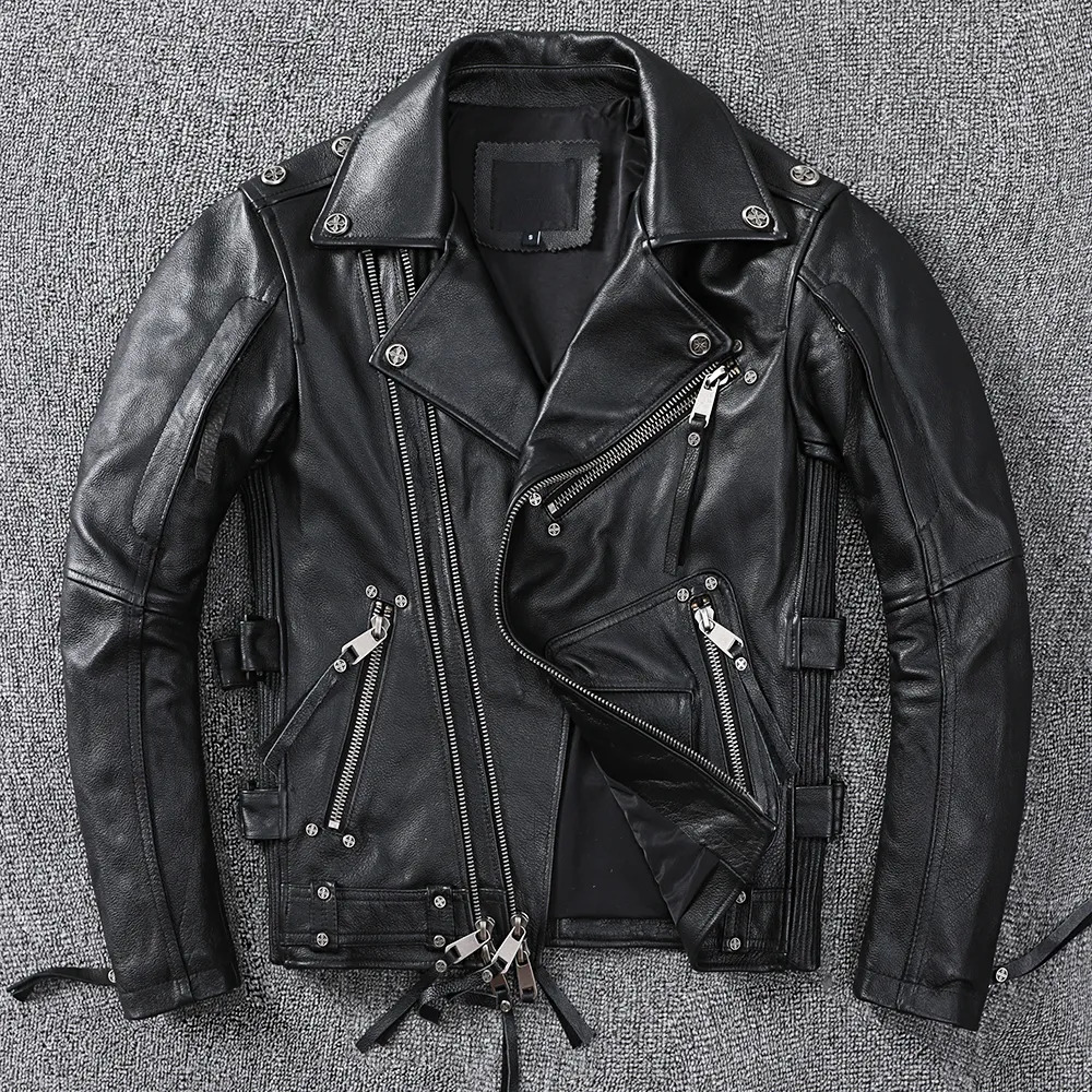 Men's Faux Black Motorcycle Leather Jacket Men Natural Genuine Cowhide Slim Fit Vintage Brown Mens Biker Racer Jackets Oblique Zipper S~9XL 231