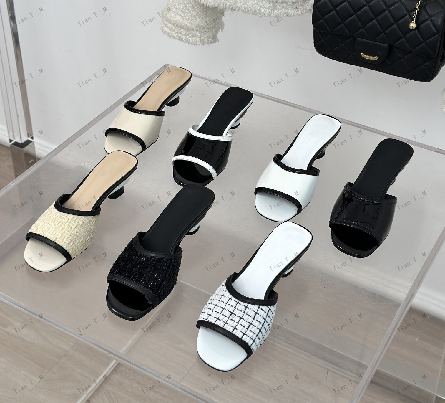 High quality fashion Luxury Designer peep toe Slippers genuine leather mixed color Solid Mules Summer pumps Open Tapered Thin High Heels Party We-image-926343433