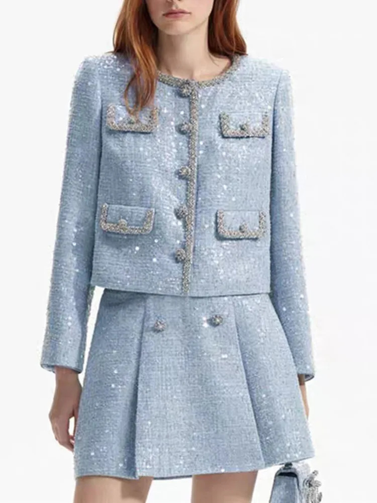 Robe deux pièces femmes costume bleu Tweed perles paillettes col rond manteau à simple boutonnage ou robe débardeur ou mini jupe trapèze dame ens