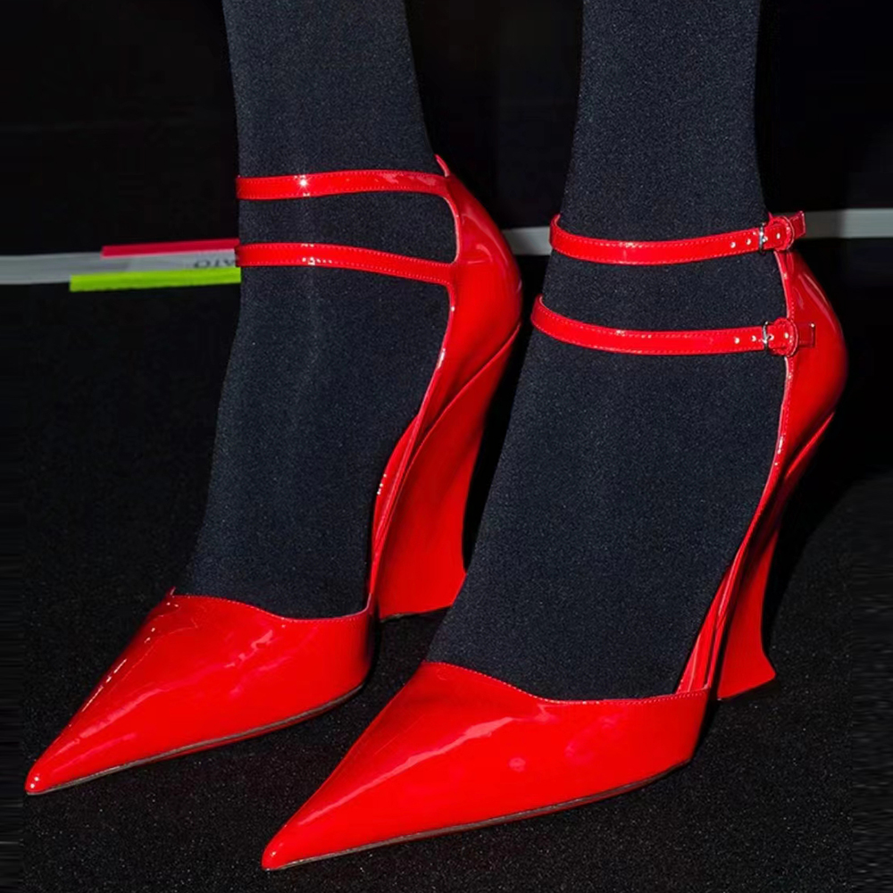Woman Pump with wedge heel Flame red Luxury Designer shoes 105mm Patent Leather Pointed Toes fashion Dress Shoe Ankle Strap lady Sandal party Hig-image-926654846