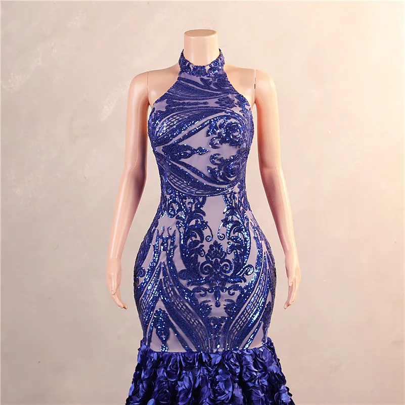 Cascading Ruffles Royal Blue Mermaid Prom Dresses Sequined Lace Flowers Halter Neck Backless Long Women Evening Party Gowns Custom Made BM3507