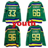 Youth Kids Mighty Ducks Movie Hockey Jersey #96 Charlie Conway #66 Gordon Bombay #33 Greg Goldberg #99 Adam Banks Stitched Green High Quality Jerseys