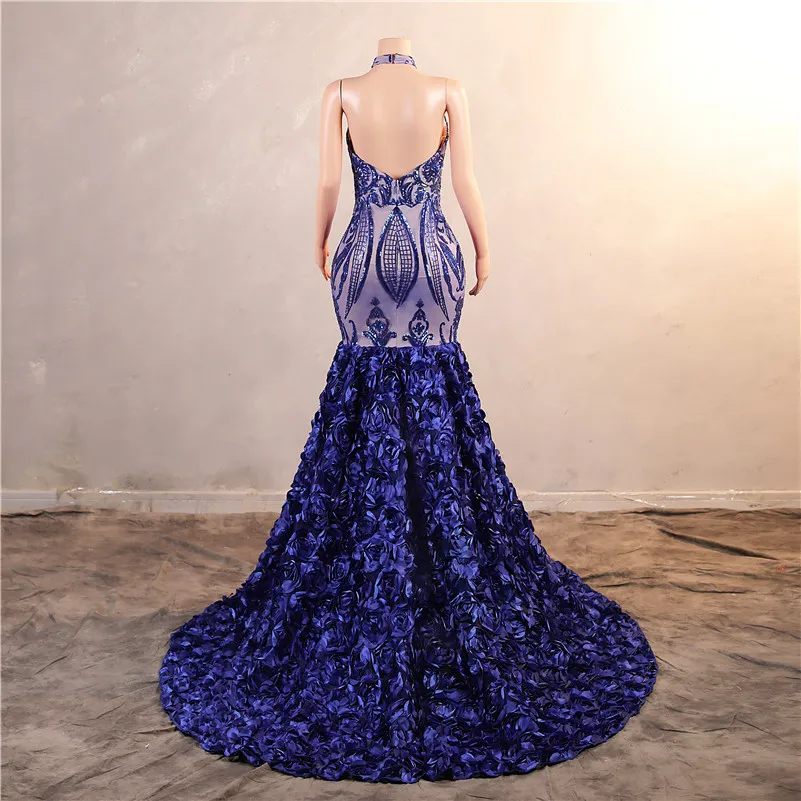 Cascading Ruffles Royal Blue Mermaid Prom Dresses Sequined Lace Flowers Halter Neck Backless Long Women Evening Party Gowns Custom Made BM3507