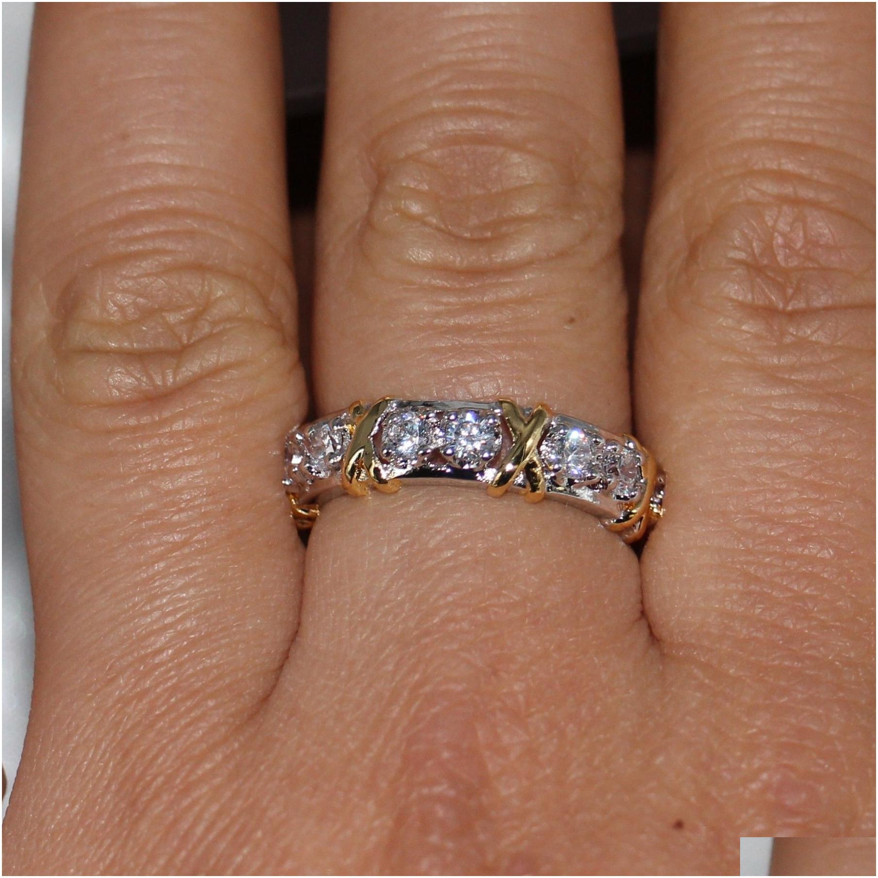 wholesale professional eternity diamonique cz simulated diamond 10kt white yellow gold filled wedding band cross ring size 5-11