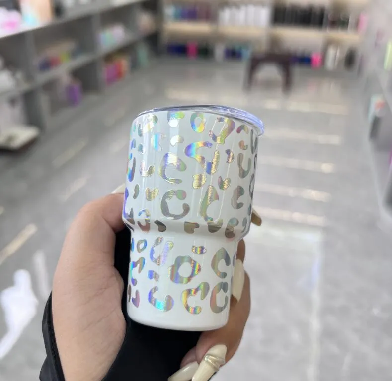 3oz Holographic Cheetah shot glass with metal straw Stainless Steel tumbler mini glasses travel mug water bottle Wine Glasses